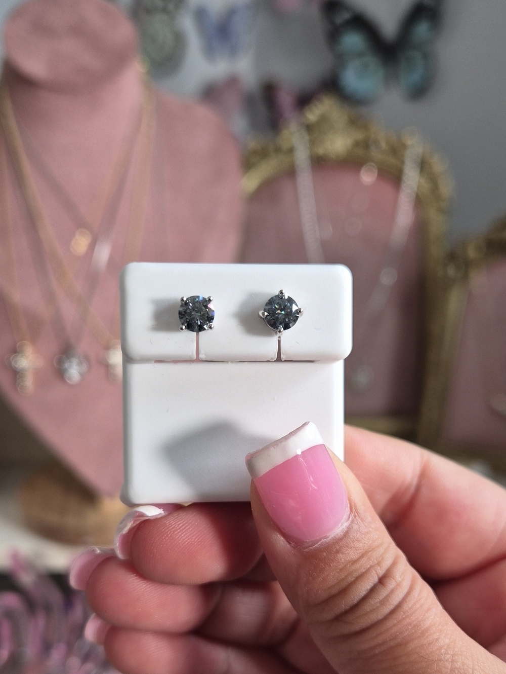 925 Moissante Blue Gray Stud Earrings 0.90ct